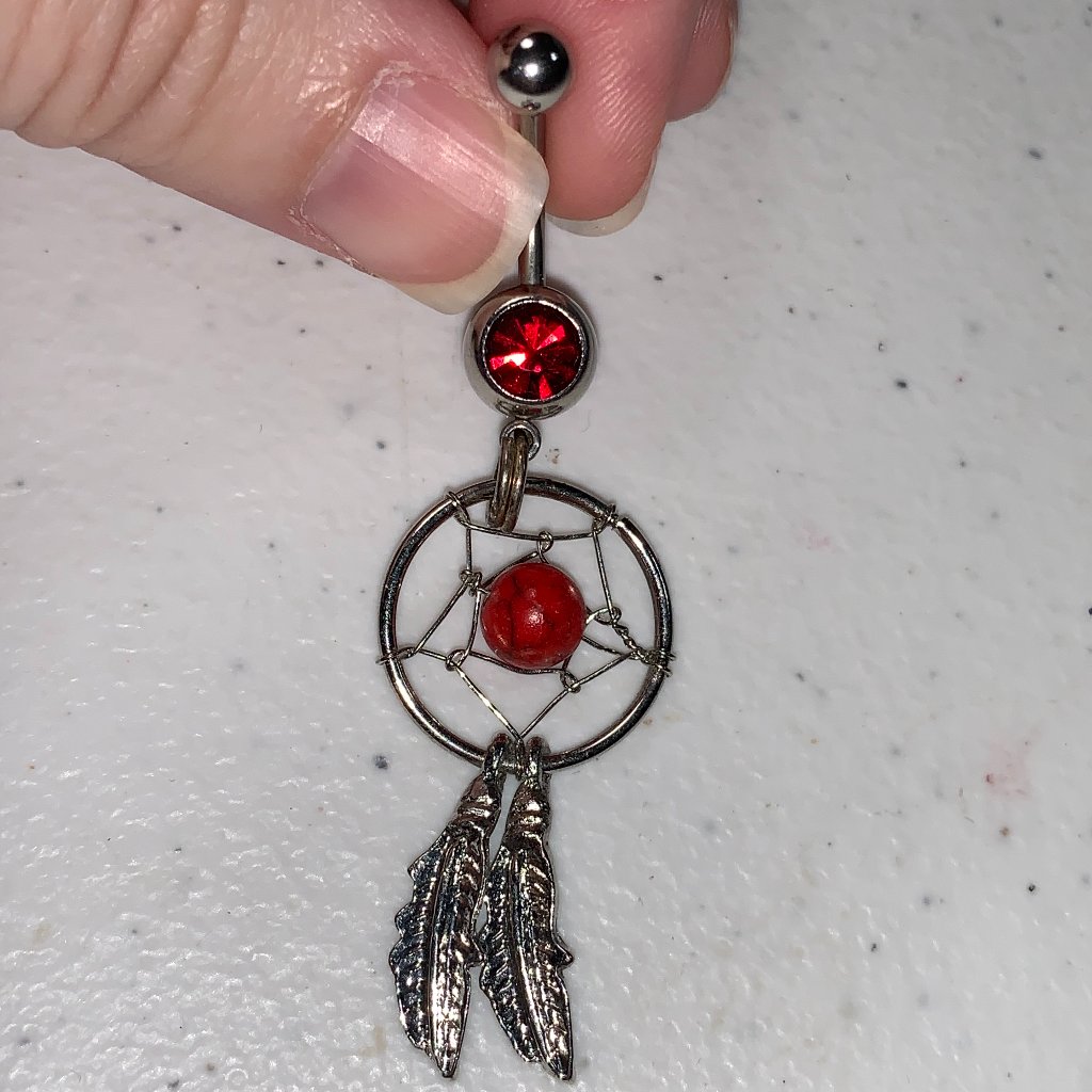 14 Gauge Dream Catcher Belly Ring, Red Gem With A Red Bead And A Silver Split Ri